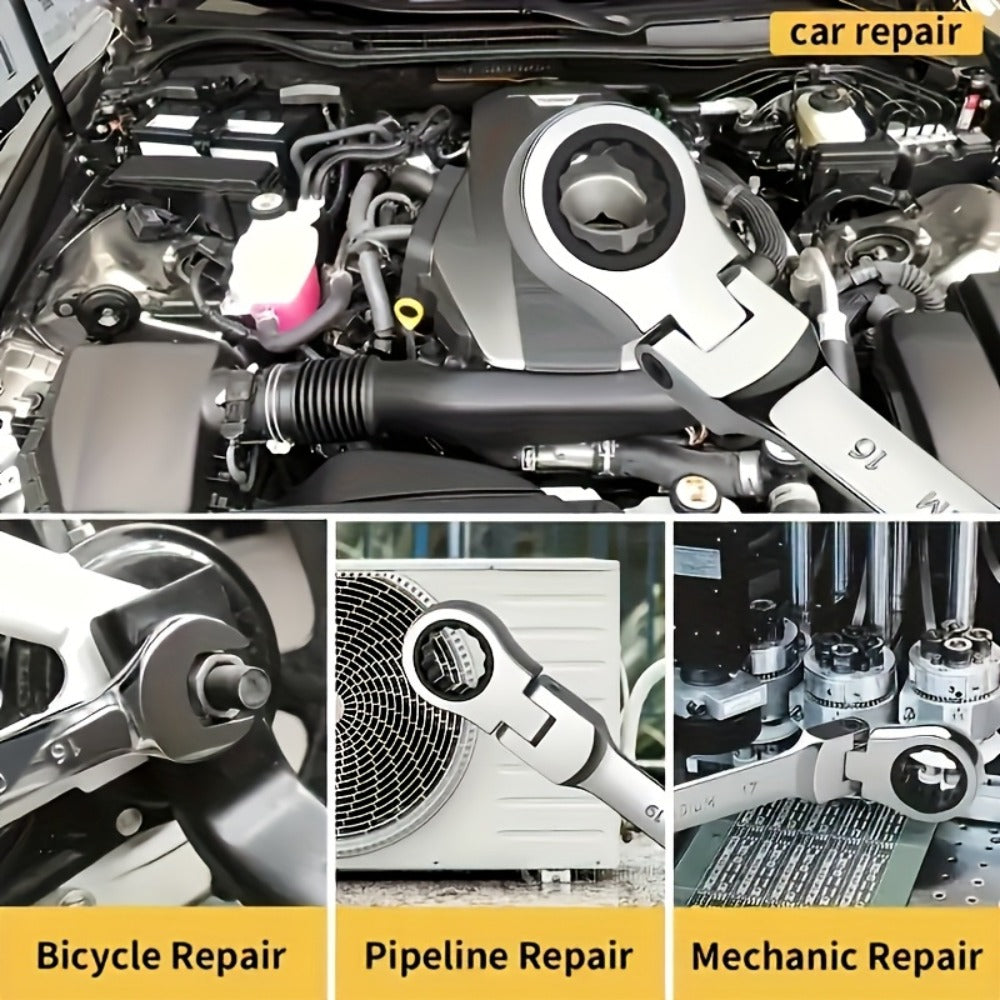 CR-V Flex Head Ratchet Wrench Set 5-Piece – 2-in-1 Reversible Open End & Hex Socket Dual-Purpose Kit | Automotive Engine Bay, Plumbing