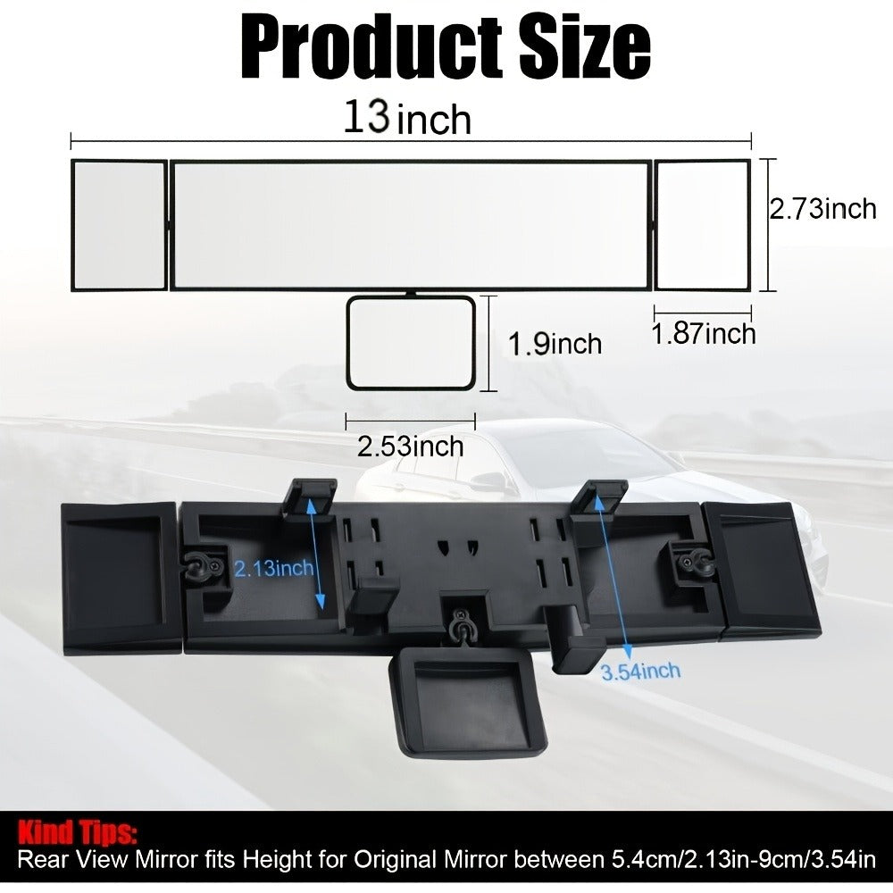 Interior Rearview Mirror 13 Inch – Quadruple-Fold Adjustable Wide Angle Car Mirror with 360° Swivel, Flat Lens