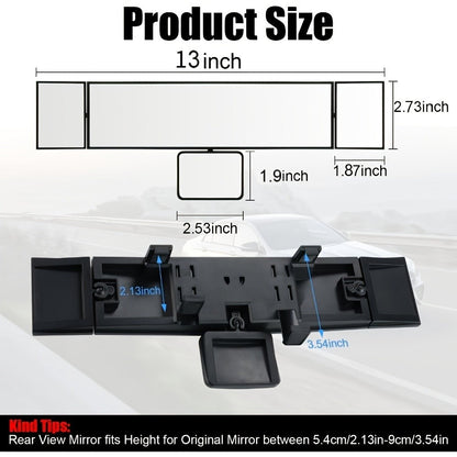 Interior Rearview Mirror 13 Inch – Quadruple-Fold Adjustable Wide Angle Car Mirror with 360° Swivel, Flat Lens