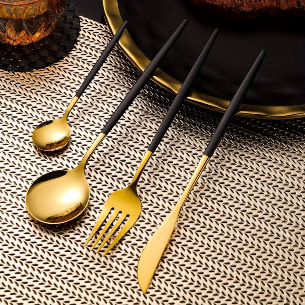Twenty-Four-Piece Black and Gold Flatware Set for Six with Forks, Knives and Two Spoon Sizes