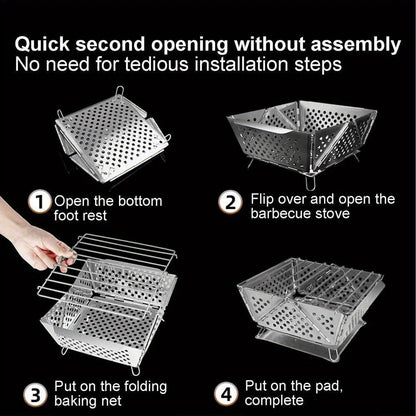 Wood Burning Camp Stove Portable Stainless Steel, Mini Folding Charcoal BBQ Grill, Camping Wood Stove Burner