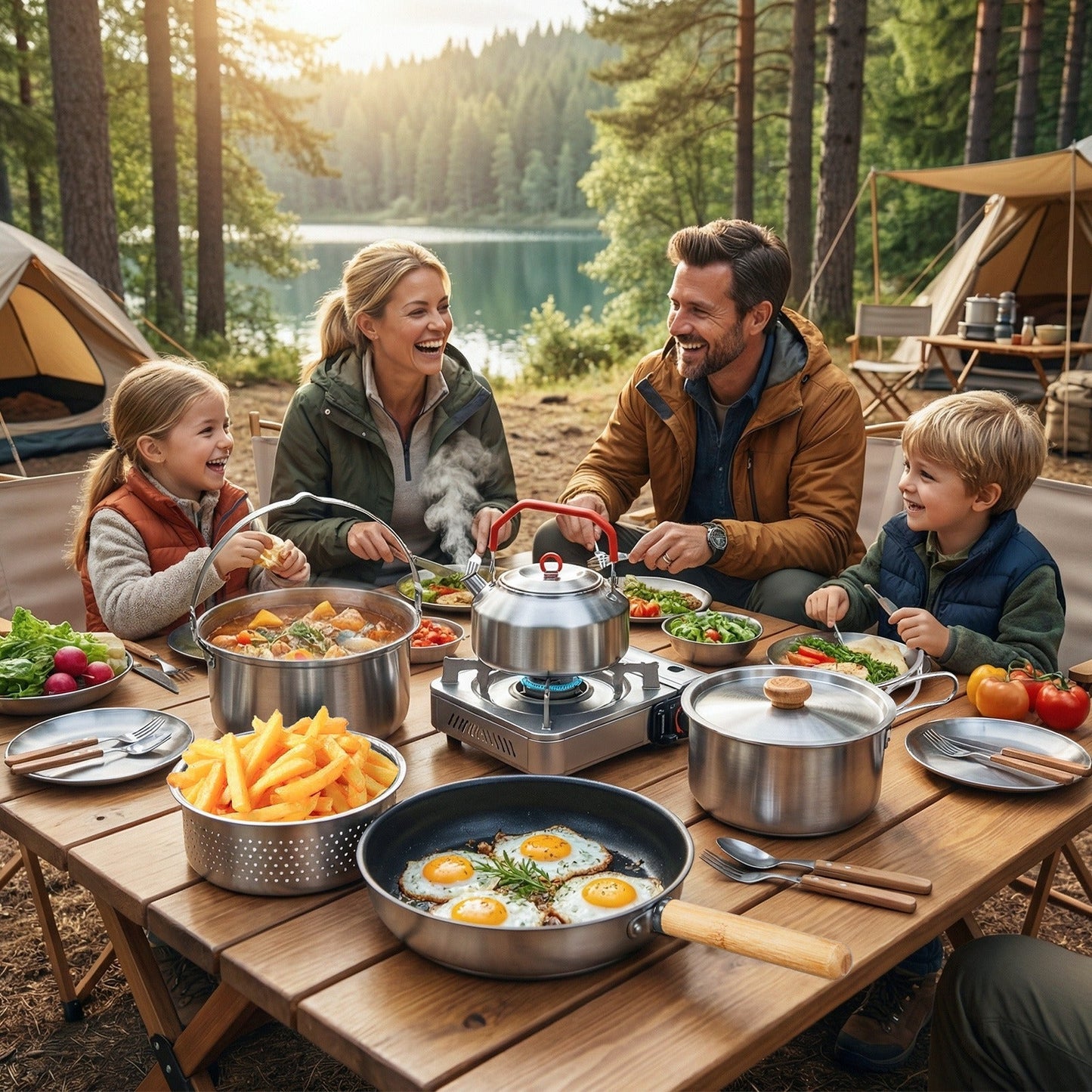 Camping Cookware Set, 19- or 27-Piece Coated Aluminum Mess Kit with Pot, Pan, Kettle, Cups, Plates and Cutlery