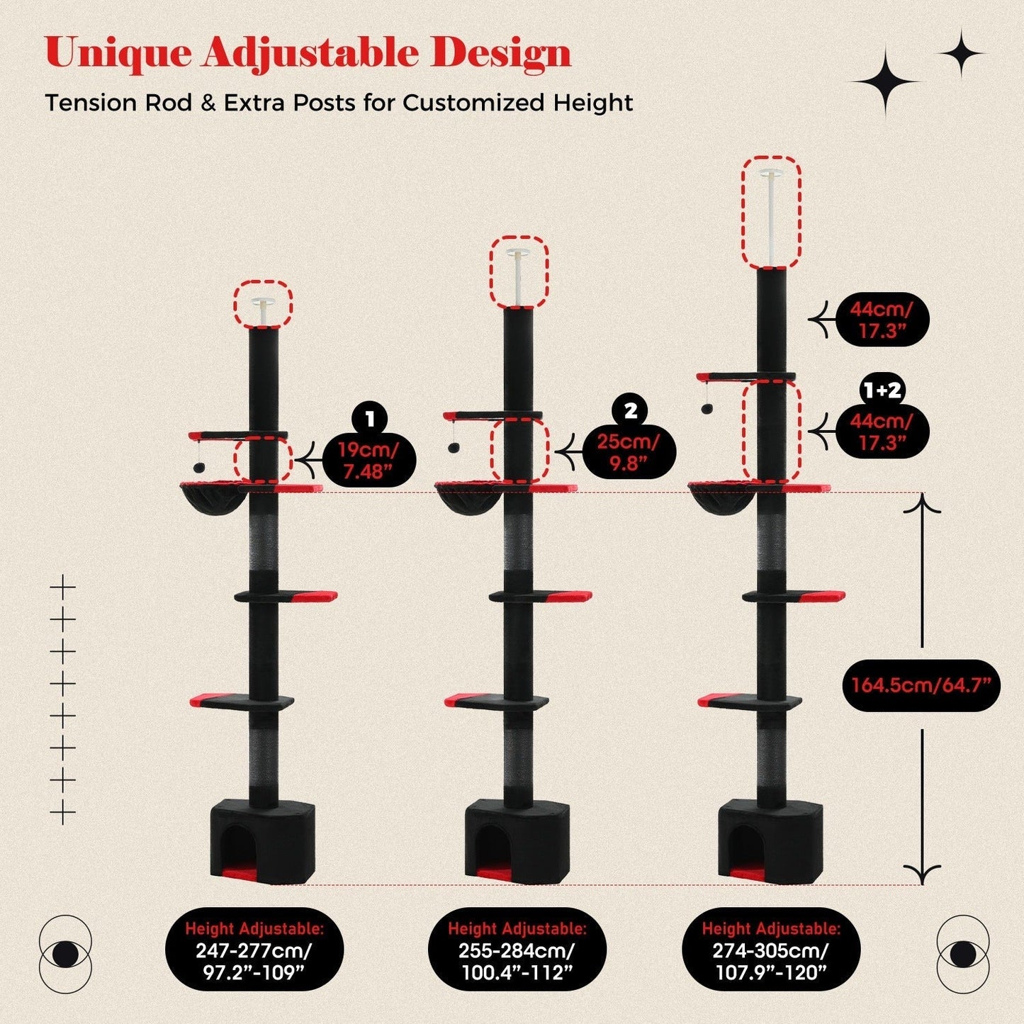 90-107.9-Inch Floor-to-Ceiling Cat Tree with Four Platforms, Tension Post and Five Style Options