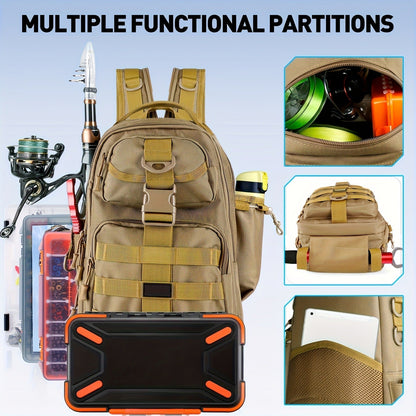 Waterproof Fishing Rod Backpack 42L – Built-In Rod Tube, 16 Pockets & Insulated Cooler Option | Black, Camo, Khaki, Gray