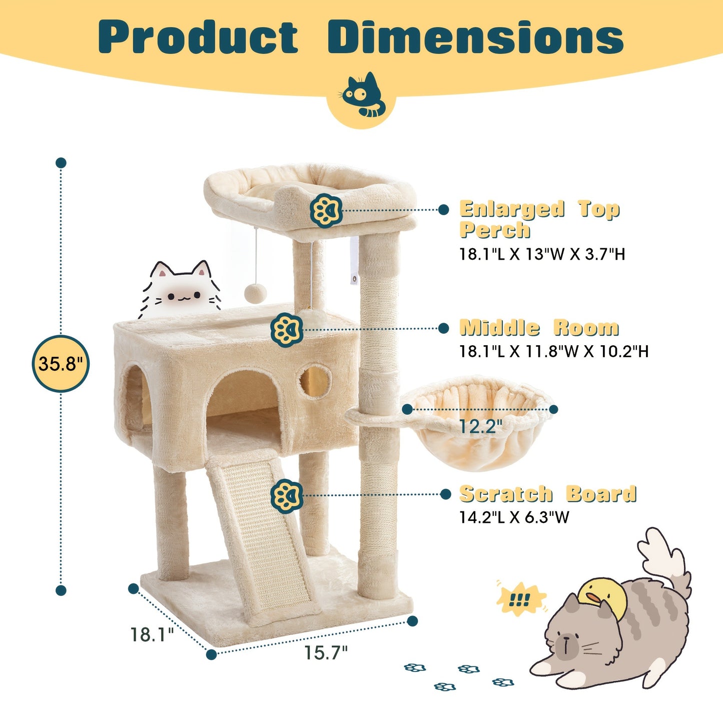 Cat Tree Tower Multi-Level for Indoor Cats – Cat Furniture with Sisal Scratching Posts, Plush Perches, Hammock, Basket & Corner Condo Cave