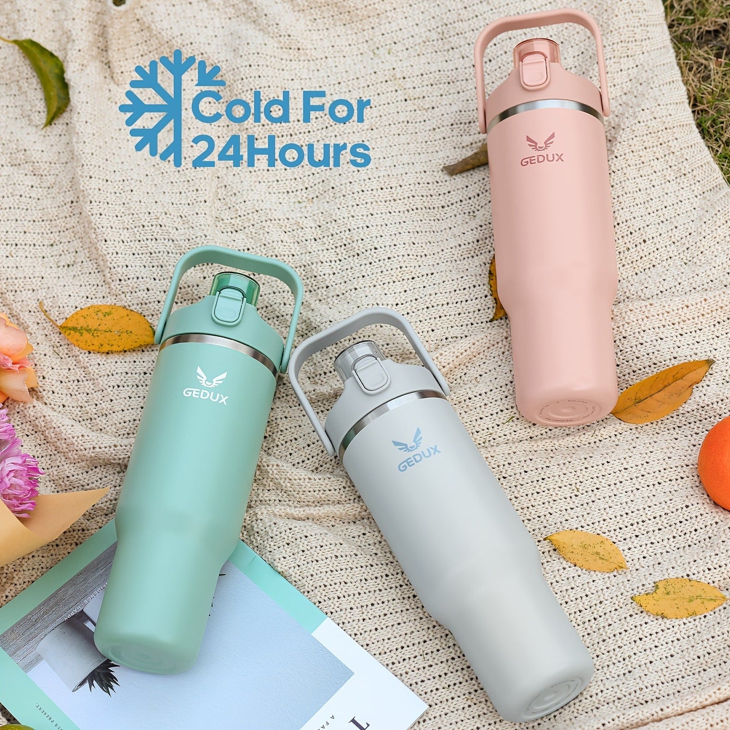 GEDUX Stainless Steel Water Bottle with Handled Lid and Removable Cup in 32oz or 40oz and Nine Styles