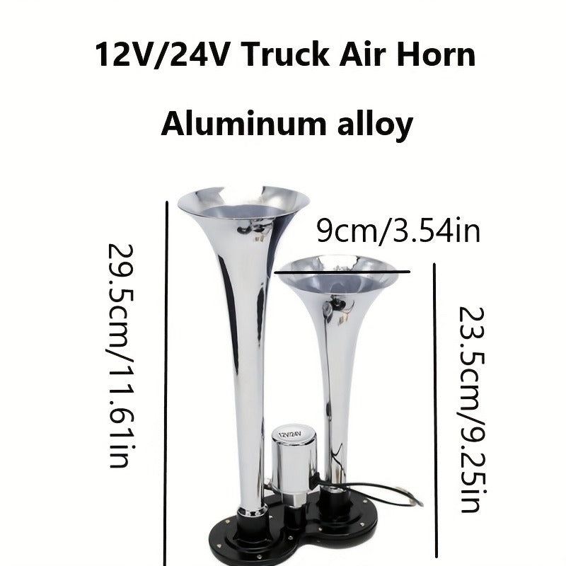 Dual Air Horn Kit 12V/24V 105-137dB with Air Compressor – Super Loud Aluminum Alloy Trumpet Horn for Truck, Train, SUV, Motorcycle