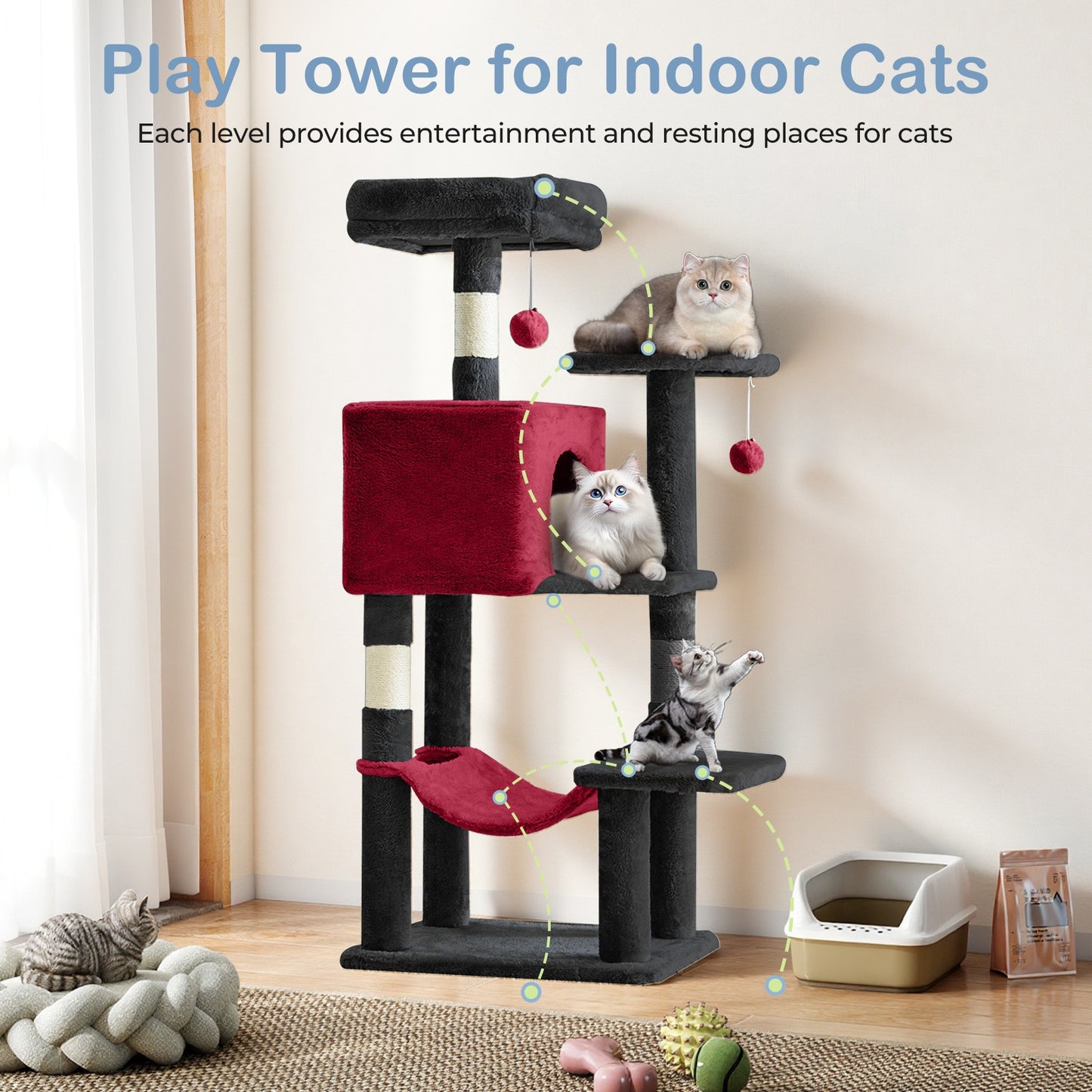 44-Inch Cat Tree Tower with Condo & Hammock – Multi-Level Indoor Cat Tree with Natural Sisal Scratching Posts