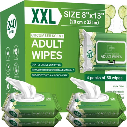 Extra Large Adult Wet Wipes 8x13 Inch 240ct 4 Packs of 60 Aloe Vitamin E Cucumber Scent for Bath Time, Home Spa and Personal Care