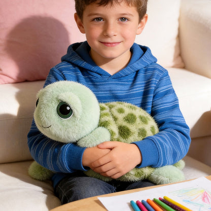 Stuffed Animal Big-Eye Turtle Pillow in 15.75-Inch Size with Melancholy Face and Soft Plush Fabric