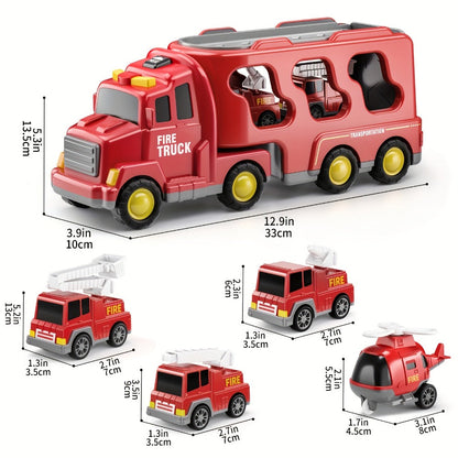 5-in-1 Fire Truck Playset for Kids 3-9, Friction Powered Interchangeable Rescue Vehicles Set with Carrier Truck