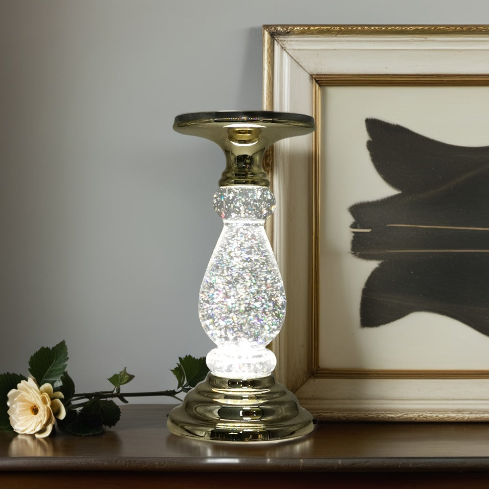 LED Swirling Candle Holder with On/Off Switch – Polished Acrylic Pedestal Base Fits 3-Wick Candles Up to 4 Inch Silver Gold Centerpiece