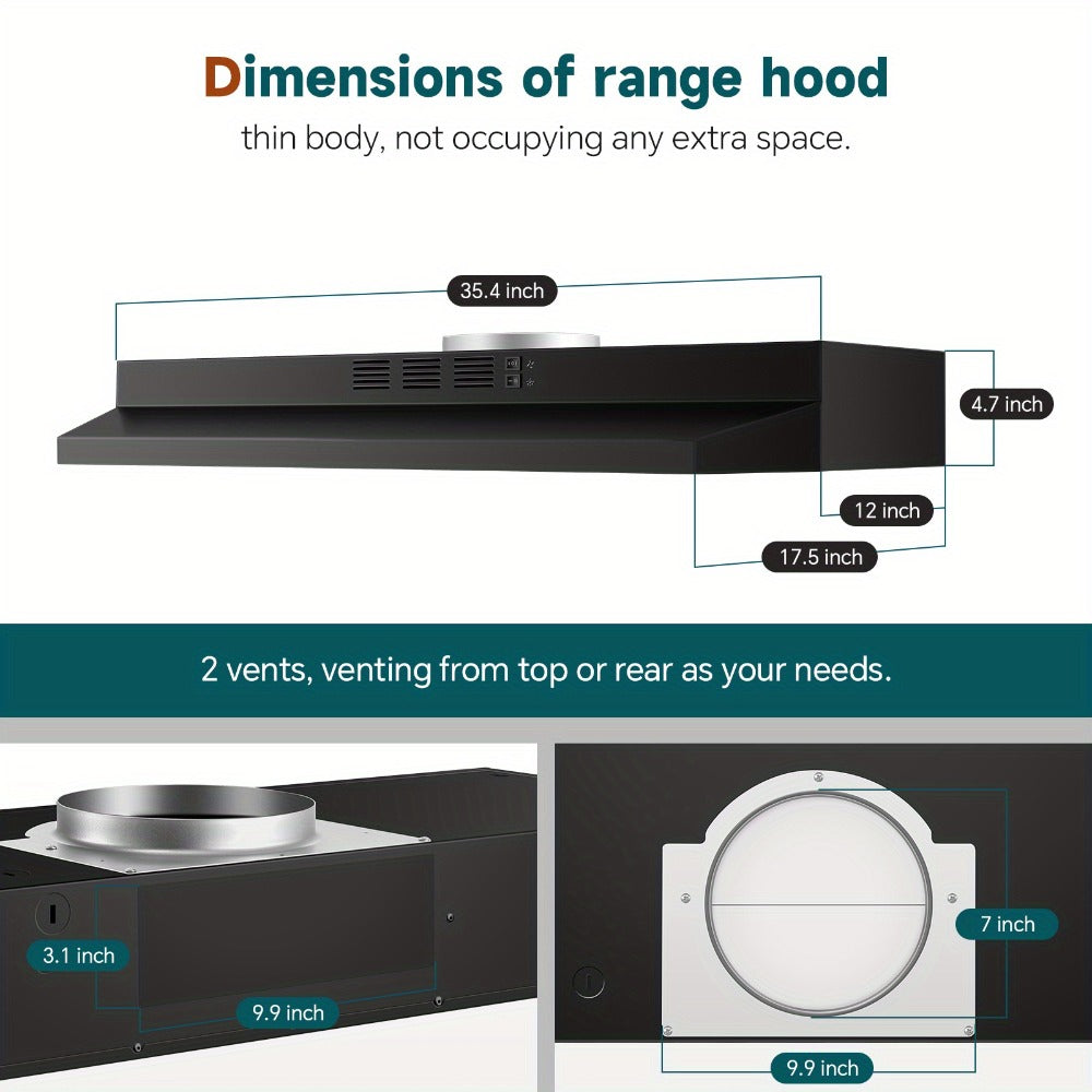 Range Hood 36 Inch Under Cabinet Ducted Ductless Convertible Stainless Steel 350CFM 2-Speed for Home Cooking, Dining and Outdoor Meals