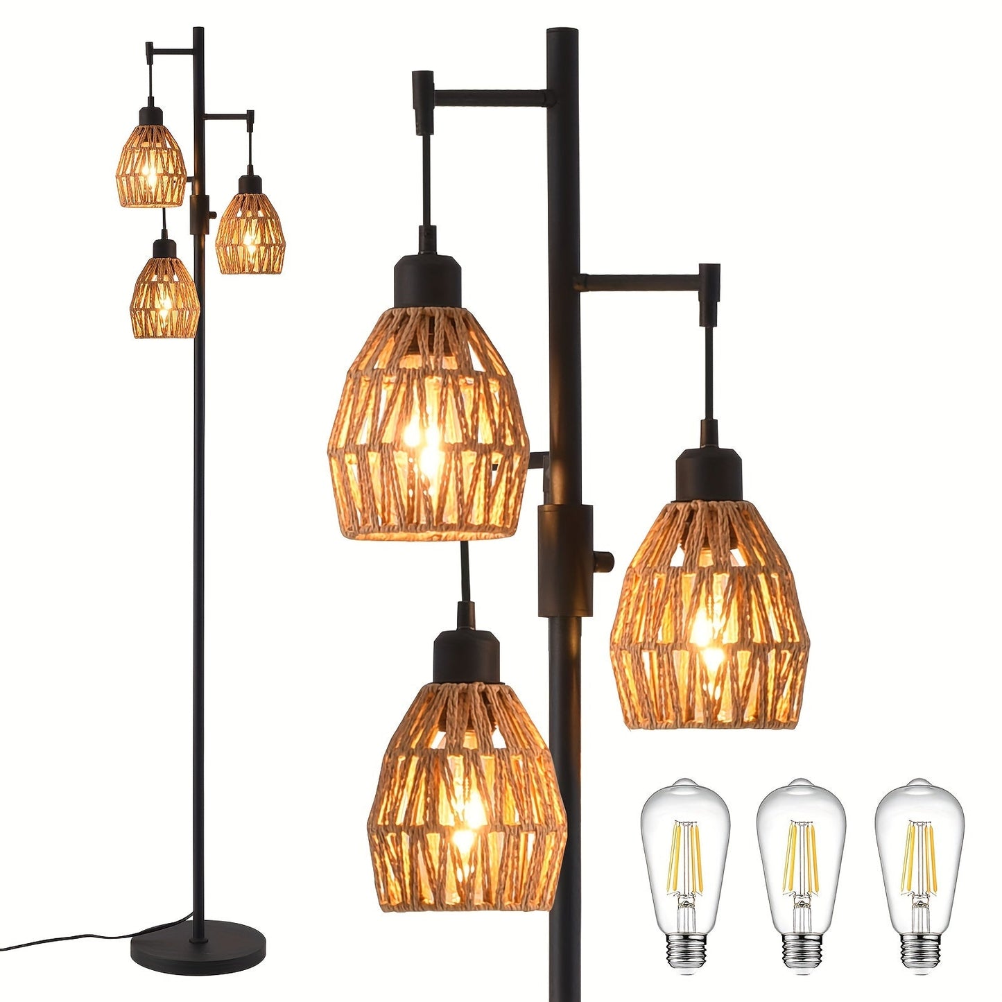 Boho Rattan Floor Lamp Dimmable, 3-Light Stepless Dimming Standing Lamp with Natural Rattan Shade & Metal Base for Living Room
