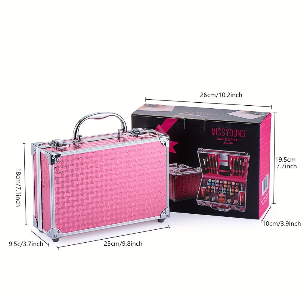 Makeup Kit 56-Piece Handled Mirror Case with Mixed Face, Eye and Lip Cosmetics in Silvery or Rose Color