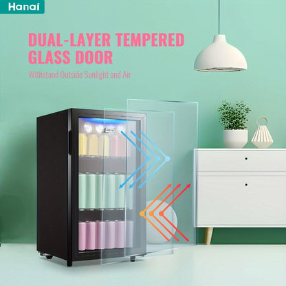Beverage Refrigerator with Glass Door, Mini Drink Cooler Fridge with Blue LED Light, 3 Adjustable Shelves & R600a Compressor