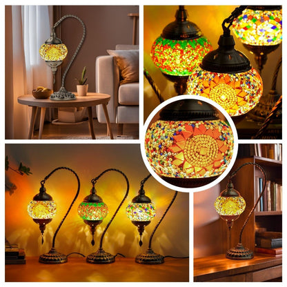 Table Lamp with Swan-Neck Mosaic Glass Shade, Metal Base, Six Color Options and Three White-Light Modes