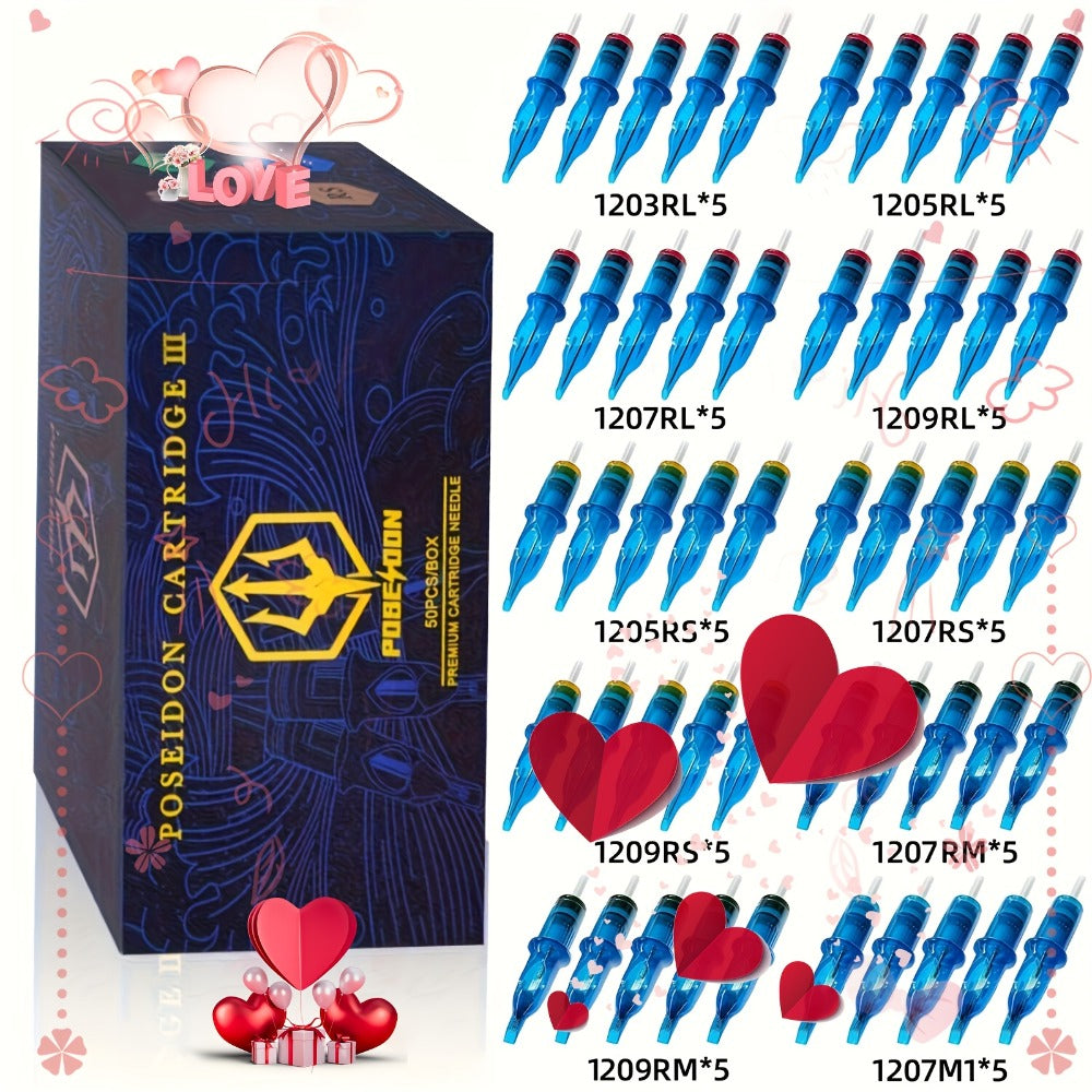Tattoo Cartridge Needles 50Pcs Mixed Sizes - POSEIDON V3 Assorted Sterilized Cartridge for Temporary Body Art, Festivals and Costumes