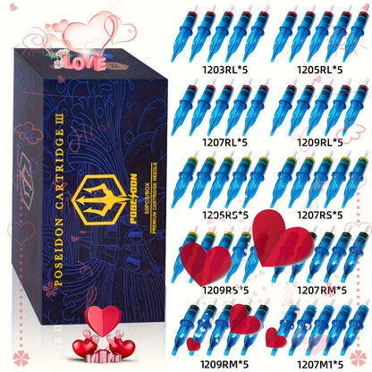 Tattoo Cartridge Needles 50Pcs Mixed Sizes - POSEIDON V3 Assorted Sterilized Cartridge for Temporary Body Art, Festivals and Costumes