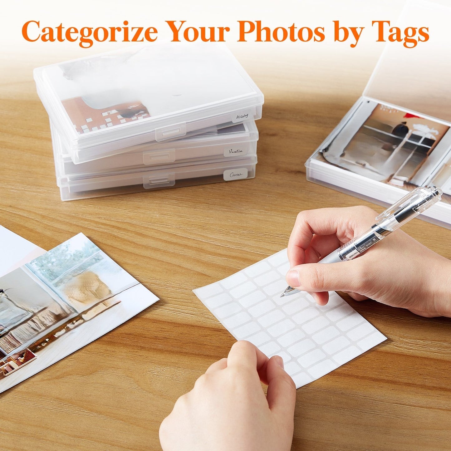4x6 Photo Storage Box with 14 Inner Photo Keeper Cases Holds 1400 Photos Clear Plastic Photo Organizer with Lids Label Stickers BPA-Free
