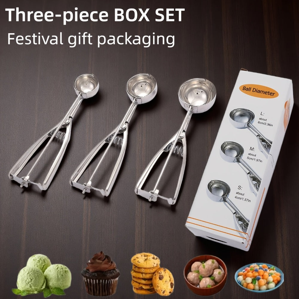 Three-Piece Trigger Scoop Set with Small, Medium and Large Bowls for Ice Cream, Cookie Dough and Fruit