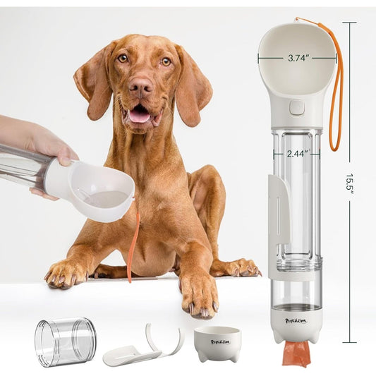 Portable Dog Water Bottle 3-in-1 – Travel Water Dispenser, Food Container & Poop Bag Holder for Dogs, Leak-Proof Silicone & ABS