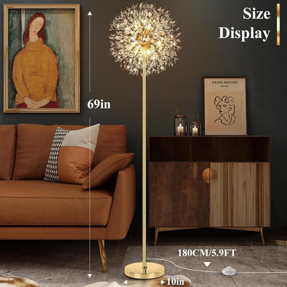 Crystal Floor Lamp Living Room 69 Inch Modern Standing Lamp, 738pcs K9 Crystals, 9 LED Bulbs, Antique Brass & Gold Finish