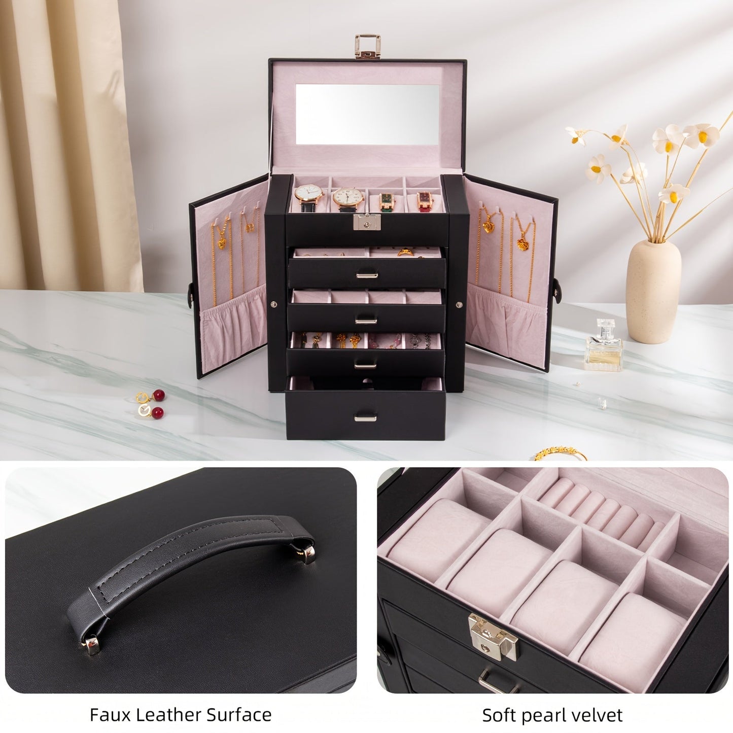 Jewelry Box, Five-Tier PU-Leather Organizer with Built-In Mirror, Key Lock and Three Color Options