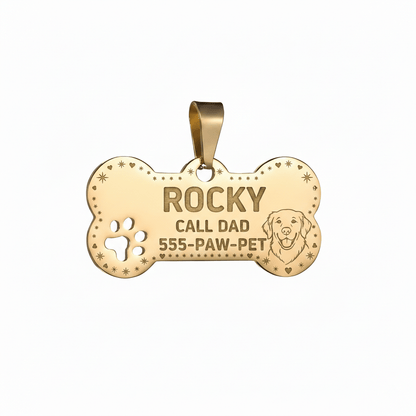 Personalized Cuban Chain Dog Collar with Engravable Bone ID Tag in Three Finishes and Sizes S to 4XL