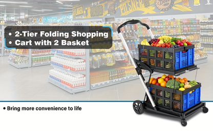 Two Tier Cart with 2 Storage Crates 360° Swivel Wheels, for Garden, Patio and Yard Use, with the Listed Configuration