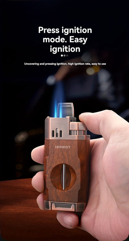 Cigar Torch Lighter with V-Shaped Cigar Cutter Built-in Clip Dual Windproof Jet Flame Visible for Entryways, Bedrooms and Living Spaces
