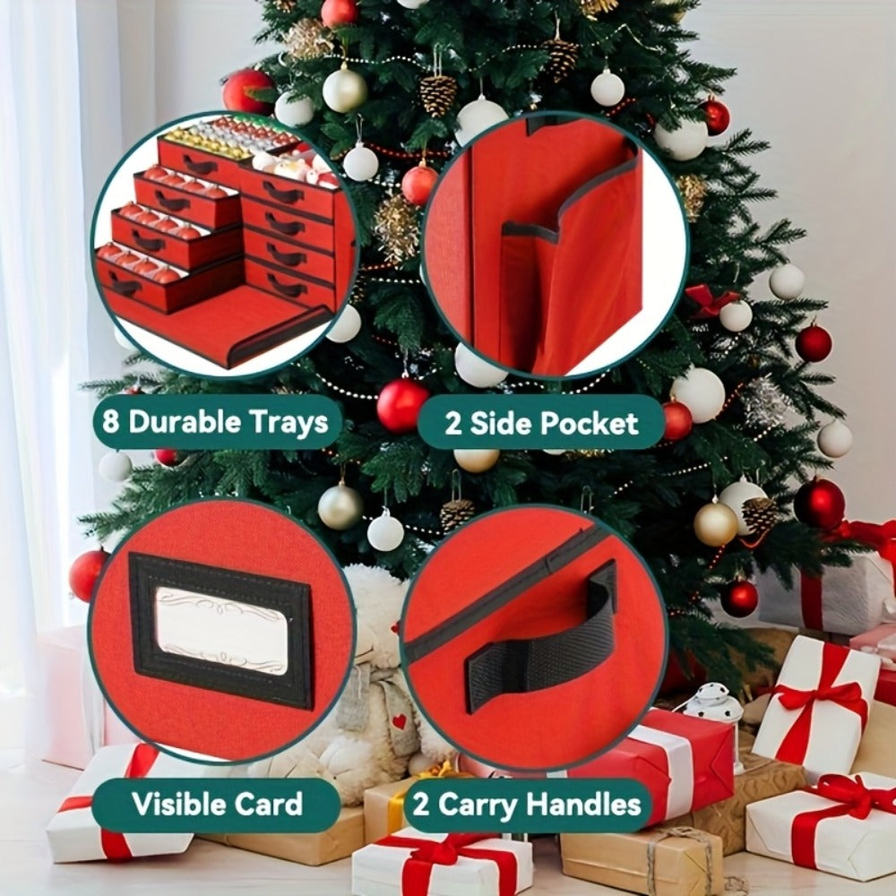 Christmas Ornament Storage Box 128 Slots 8 Trays Stackable Large Capacity Holiday Organizer with Lid Side Open Adjustable Dividers Removable