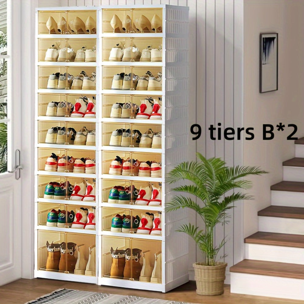 Shoe Rack Organizer 9-Tier, Collapsible Clear Plastic Foldable Stackable Shoe Cabinet with Shelves & Doors