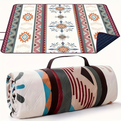 Rectangular Geometric Picnic Blanket with Rolled Carry Straps and 200 x 150 cm Pictured Open Size