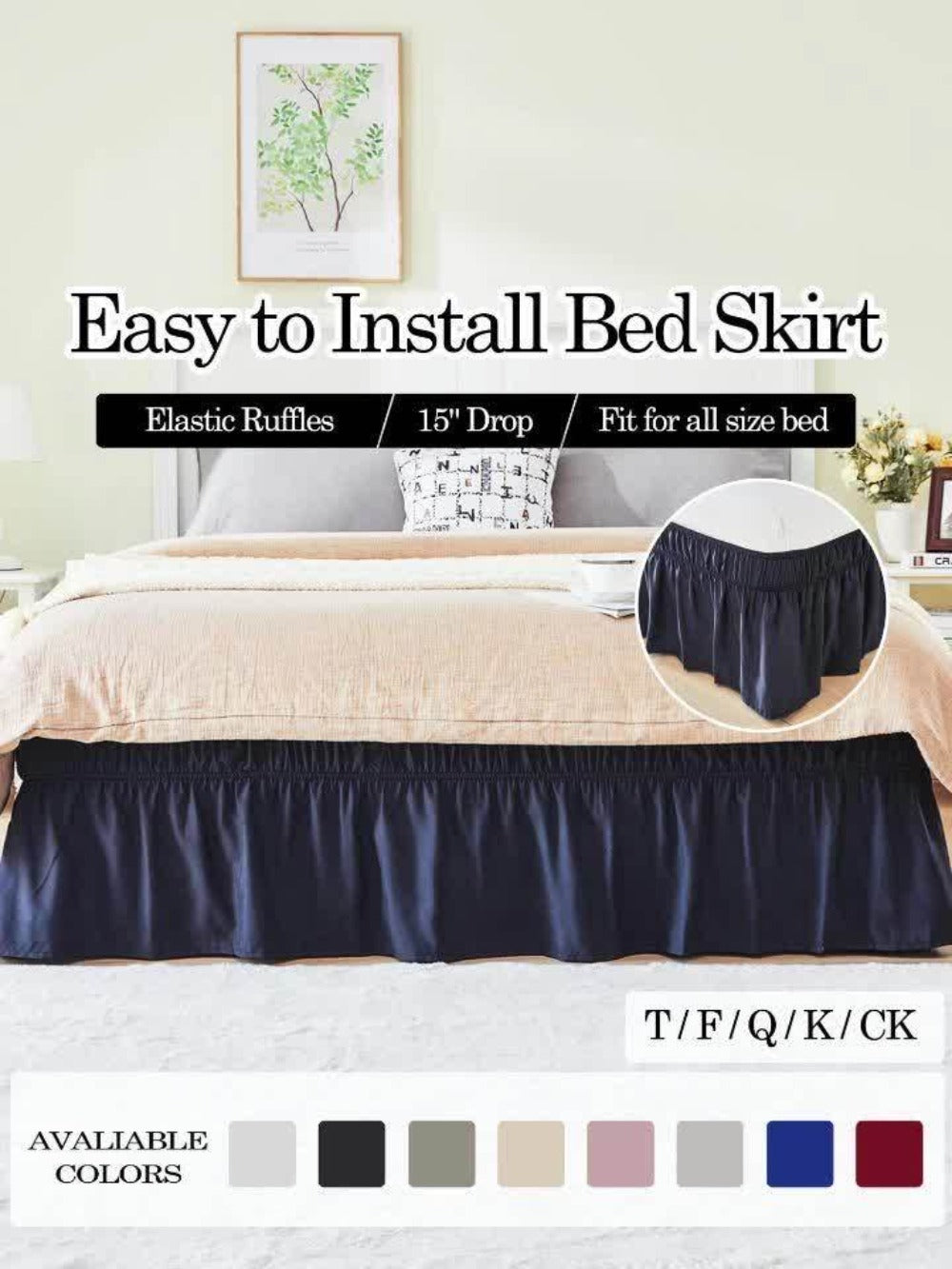 Ruffled Bed Skirt with Adjustable Elastic – Twin Full Queen King, 15-Inch Drop, Machine Washable, 30 Colors