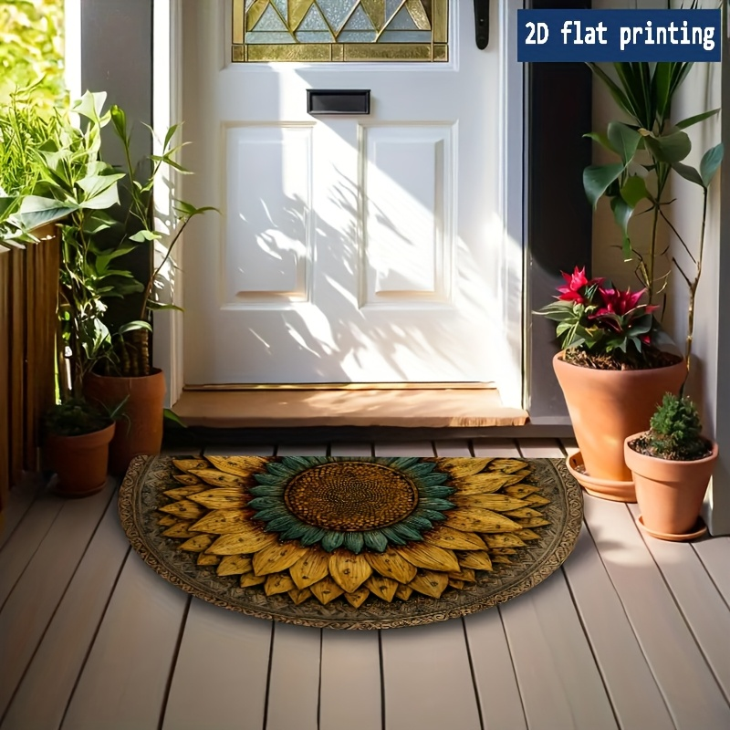 Sunflower Mandala Door Mat with Half-Round Shape, Flat Printed Surface and Three Entryway Sizes