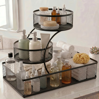 Three-Tier Metal Mesh Countertop Organizer with Black or White Finish and Optional Hooks or Spray Bottles