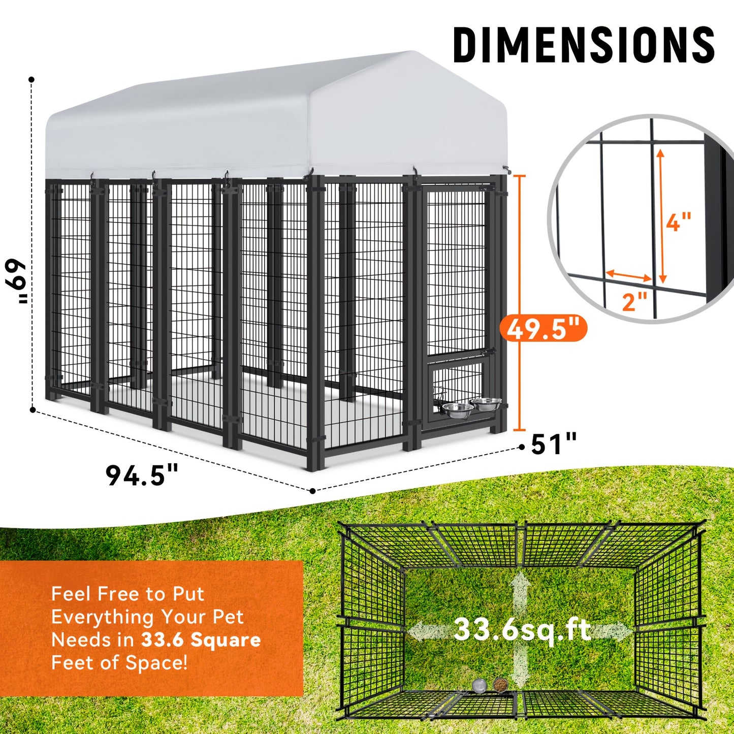 Outdoor Dog Enclosure Welded Wire Steel with UV-Resistant Roof Cover Secure Lock Dog Playpen Fence Run for Large Dogs 4x4 6x4 8x4 ft 6ft
