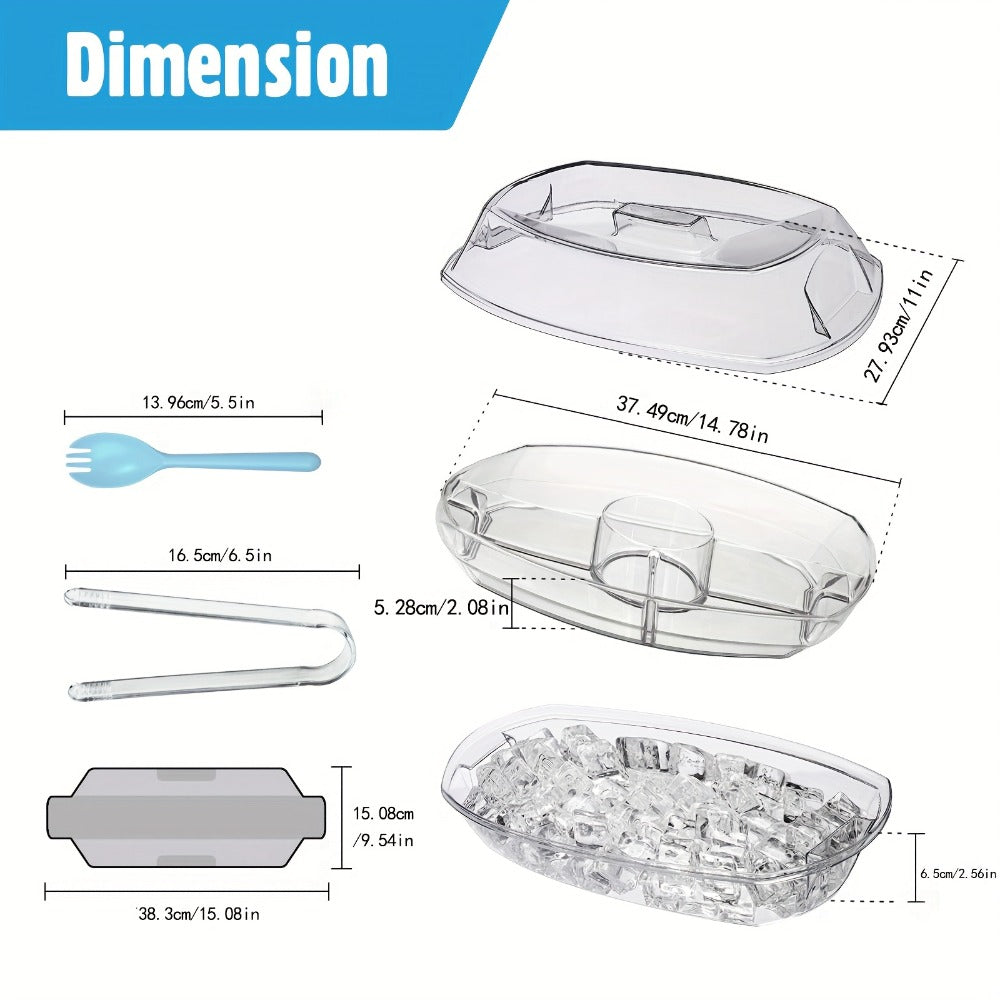 Appetizer Serving Tray with Ice Tray & Flip Lid, 15 Inch Round Chilled Condiment Serving Platter
