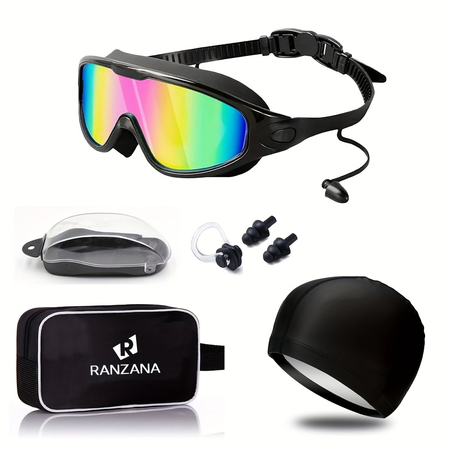 Swimming Goggles Set 6-in-1 with Case & Waterproof Bag – UV Protection Iridescent Coated PC Lens, Silicone Strap, PU Swim Cap