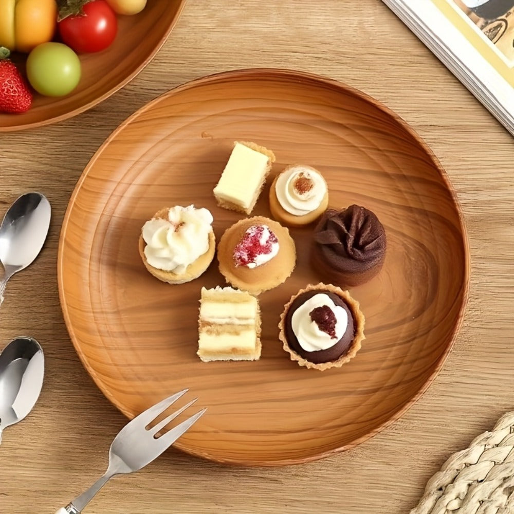 10pcs Wood Grain Dinner Plates Set – Round Striped Plastic Serving Trays for Home Kitchen Dessert Shop Restaurant