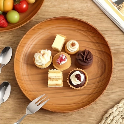 10pcs Wood Grain Dinner Plates Set – Round Striped Plastic Serving Trays for Home Kitchen Dessert Shop Restaurant