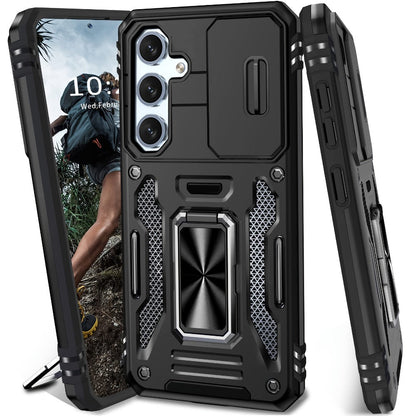 Samsung Galaxy Shockproof Magnetic Phone Case with 360° Rotating Ring Bracket & Sliding Lens Protector – Heavy Duty Cover for S24FE S23FE