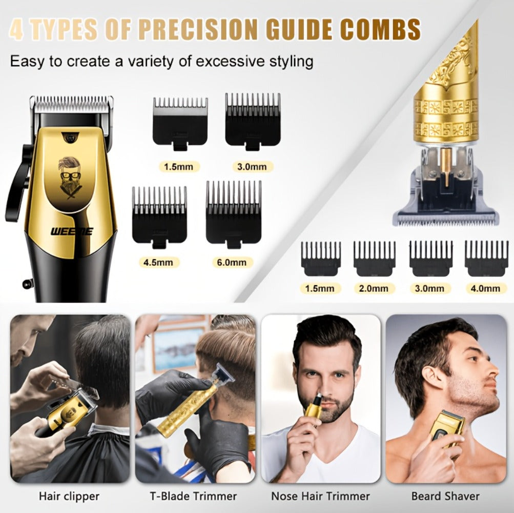 Beard Trimmer Set for Men - USB Rechargeable Hair Clipper & Grooming Kit with Battery Indicator, Comb Attachments