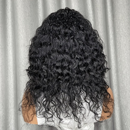 Remy Human Hair Water Wave Wig with Bangs Glueless Full Machine Made Rose Net Cap, for Home, Travel and Salon Hair Styling