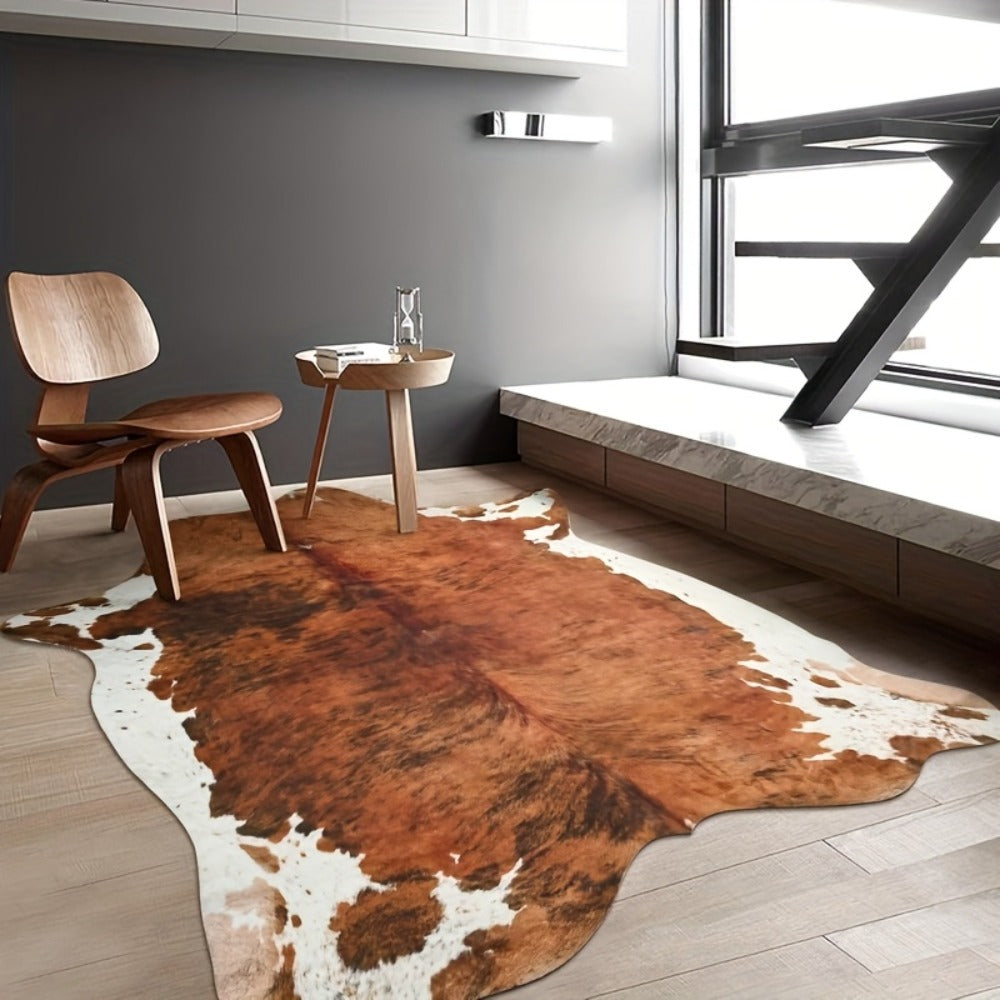 Area Rug Faux Cowhide Brown Western Print with Suede Backing in Three Colors and Two Sizes