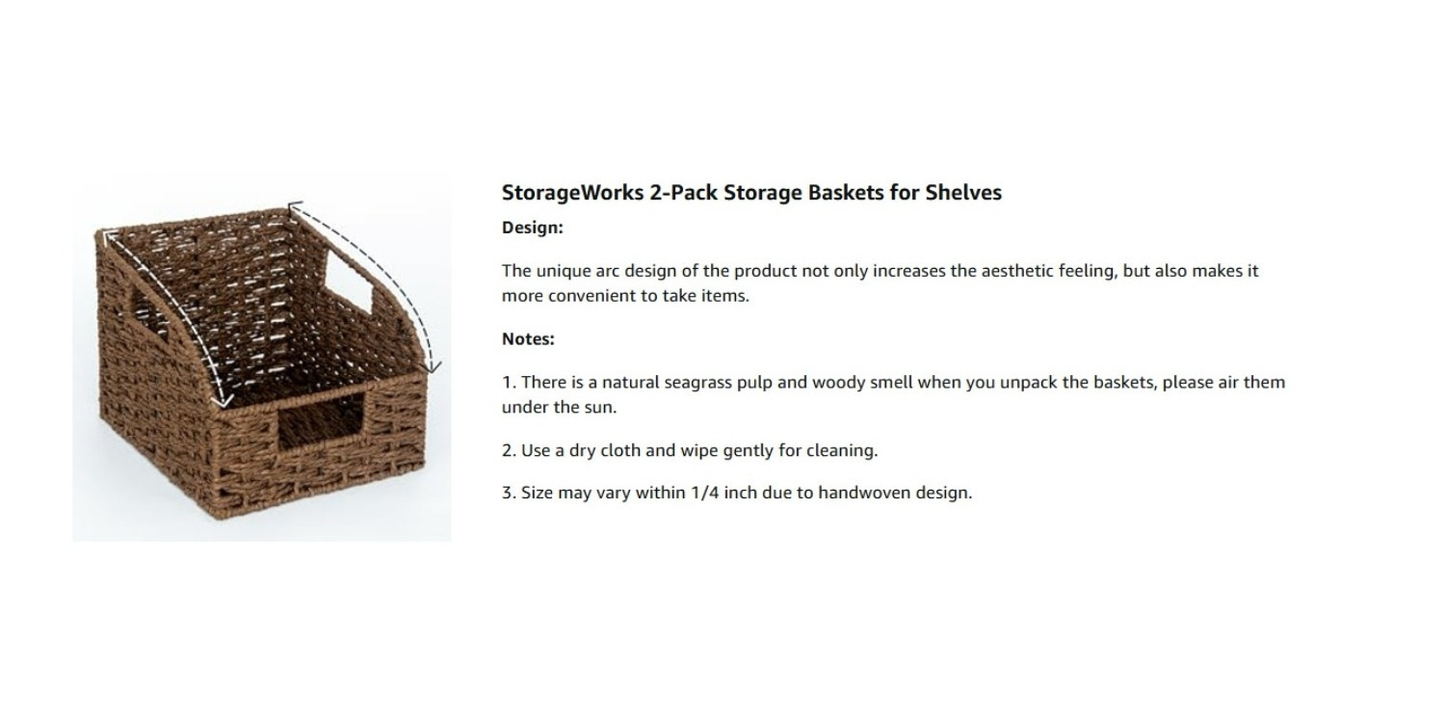 Water Hyacinth Pantry Storage Baskets 2-Pack with Seagrass Options and Integrated Shelf Handles