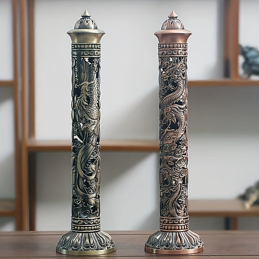 Incense Stick Holder Metal Retro Vertical Design, Dragon & Phoenix Heart Sutra Motif Brass Incense Burner Stand