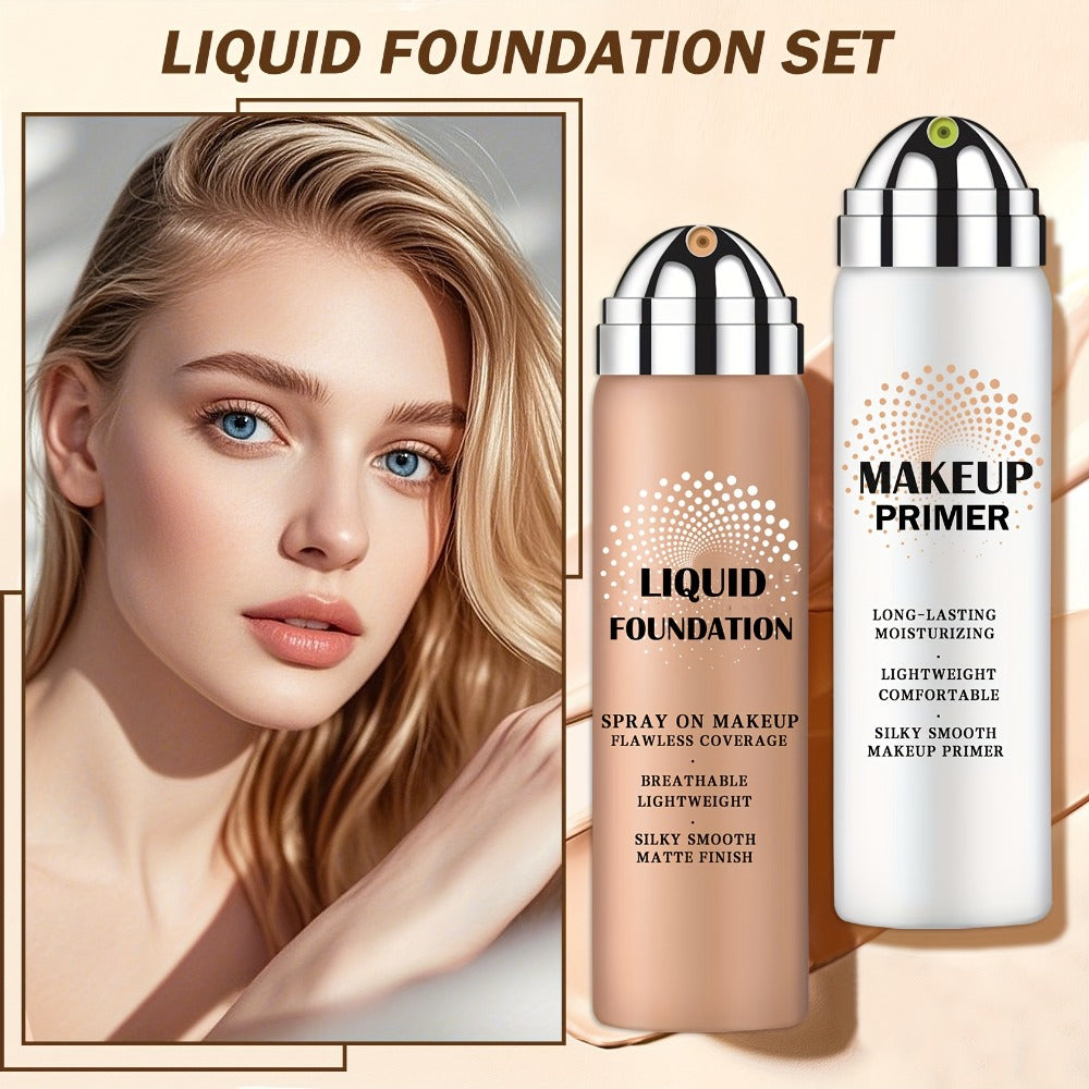 Liquid Foundation & Primer Set for Mature Skin 3-in-1 CC Cream BB Cream Silky Smooth Formula, for Makeup, Travel and Everyday Vanity Use