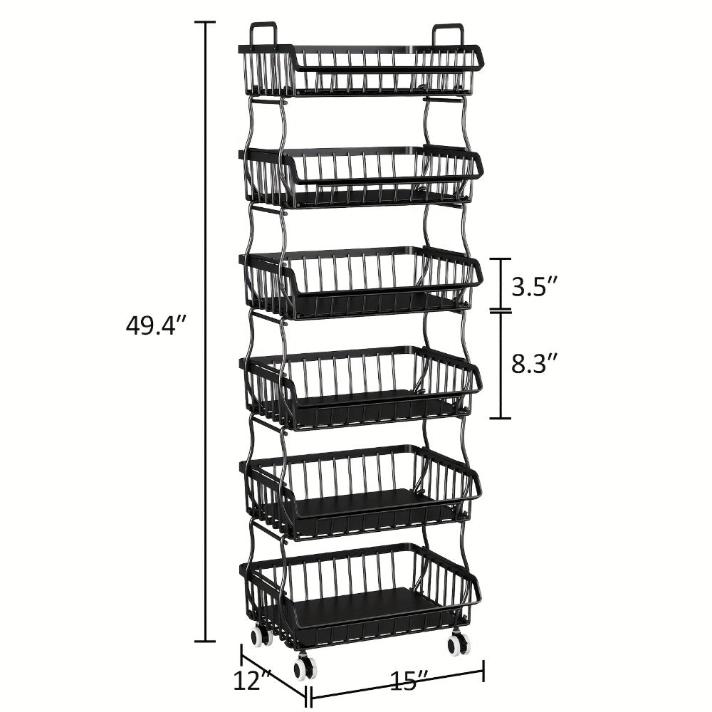 6-Tier Stackable Metal Wire Storage Basket Organizer with Wheels – Rolling Kitchen Pantry Rack for Fruits Vegetables Utensils